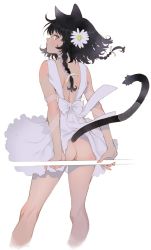 Rule 34 | 1girl, absurdres, animal ears, arutera, ass, black hair, blue eyes, braid, bright pupils, cat ears, cat tail, clothes lift, dress, dress lift, expressionless, flower, from behind, hair flower, hair ornament, hair ribbon, highres, looking back, no panties, original, profile, ribbon, short hair with long locks, side braid, simple background, solo, tail, twin braids, white background, white dress, white pupils