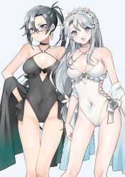 Rule 34 | 2girls, absurdres, alternate color, amagiri (kancolle), blue background, blush, breasts, closed mouth, collarbone, covered navel, earrings, feet out of frame, flower, glasses, grey eyes, grey hair, groin, hair between eyes, hair flower, hair ornament, highres, jewelry, kantai collection, long hair, medium breasts, multiple girls, official alternate costume, one-piece swimsuit, open mouth, ponytail, purple eyes, sagiri (kancolle), semi-rimless eyewear, simple background, smile, swimsuit, toriniku senshi chikinman, white flower, white one-piece swimsuit