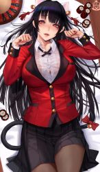 Rule 34 | 1girl, animal ears, black hair, blunt bangs, bolo tie, breasts, card, cat ears, cat tail, collared shirt, dress shirt, formal, gtunver, highres, hime cut, hyakkaou academy school uniform, jabami yumeko, jacket, kakegurui, large breasts, long hair, lying, on back, paid reward available, pantyhose, paw pose, pleated skirt, poker chip, red jacket, red suit, school uniform, shirt, skirt, suit, suit jacket, tail, white shirt