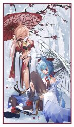 Rule 34 | 2girls, absurdres, ahoge, bare shoulders, black pantyhose, blood, blue hair, breasts, cleavage, commentary request, crop top, cuts, detached sleeves, ganyu (genshin impact), genshin impact, highres, holding, holding umbrella, horns, injury, long hair, long sleeves, medium breasts, midriff, multiple girls, navel, no headwear, oil-paper umbrella, one eye closed, outdoors, pantyhose, pink hair, pom pom (clothes), purple eyes, red skirt, red umbrella, shoes, skirt, small breasts, snow, stomach, t tlan, umbrella, very long hair, white footwear, wide sleeves, yanfei (genshin impact)