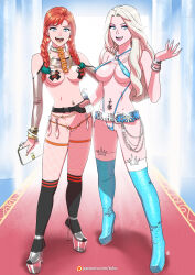 2girls :d absurdres anna_(frozen) bag bare_arms bare_shoulders belt belt_chain bikini blonde_hair blue_eyes bracelet braid breasts cleavage cleft_of_venus coin_purse collar condom condom_belt condom_packet_strip condom_wrapper corruption covered_erect_nipples earrings elsa_(frozen) eyeliner eyeshadow fake_nails female_focus fishnets freckles frozen_(disney) full_body glitter high_heels highres holding holding_bag jewelry lipstick long_hair looking_at_viewer lube makeup medium_breasts micro_bikini multiple_bracelets multiple_girls navel navel_piercing necklace open_mouth pasties patreon_username piercing platform_footwear platform_heels profanity pussy pussy_peek red_hair shrug_(clothing) slingshot_swimsuit smile standing stiletto_heels swimsuit teeth tekuho_no_habo thighhighs tissue tissue_box tongue_piercing twin_braids underboob upper_teeth_only used_condom yellow_lips