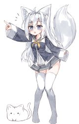 Rule 34 | 1girl, absurdres, ahoge, animal, animal ear fluff, animal ears, black sailor collar, blue eyes, blue jacket, blush, cat, fox ears, fox tail, full body, grey skirt, grey thighhighs, hair between eyes, hair intakes, highres, jacket, knees together feet apart, korean text, long hair, long sleeves, no shoes, open mouth, original, outstretched arm, ping myu ring (tandohark), pleated skirt, pointing, ribbon-trimmed sleeves, ribbon trim, sailor collar, shirt, silver hair, simple background, skirt, sleeves past wrists, solo, standing, tail, tail raised, tandohark, thighhighs, white background, white shirt