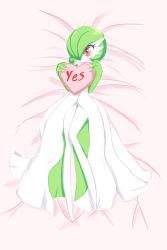 Rule 34 | 1girl, bed sheet, blush, blush stickers, bob cut, closed mouth, colored skin, creatures (company), dakimakura (medium), female focus, feyntan, from above, full body, game freak, gardevoir, gen 3 pokemon, green hair, green skin, hair over one eye, hands up, happy, heart, heart in eye, heart-shaped pillow, highres, holding, holding pillow, knees together feet apart, legs, looking to the side, lying, multicolored skin, nintendo, on back, one eye covered, pillow, pink background, pokemon, pokemon (creature), red eyes, short hair, smile, solo, split mouth, symbol in eye, two-tone skin, white skin, yes-no pillow