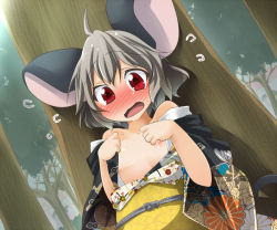 Rule 34 | 1girl, ahoge, aki (akikaze asparagus), alternate costume, animal ears, bare shoulders, blush, breasts, covering privates, covering breasts, dress, forest, grey eyes, grey hair, japanese clothes, kimono, mouse ears, mouse tail, nature, nazrin, nipple slip, nipples, obi, off shoulder, open clothes, open kimono, open mouth, red eyes, sash, short hair, small breasts, solo, tail, touhou, tree, upper body, wavy mouth
