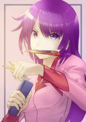 Rule 34 | 1girl, absurdres, bakemonogatari, boxcutter, breasts, collar, collared shirt, commentary, english commentary, eyelashes, hair between eyes, highres, holding, juliet sleeves, leon-tran, long hair, long sleeves, looking at viewer, medium breasts, monogatari (series), mouth hold, pencil, pink background, pink shirt, puffy sleeves, purple eyes, purple hair, red collar, school uniform, senjougahara hitagi, shirt, sidelocks, simple background, sleeve cuffs, solo, stapler, stationery, upper body