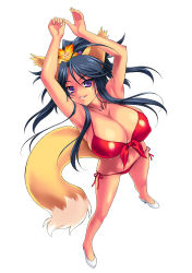 Rule 34 | 1girl, animal ears, armpits, arms up, bikini, black hair, breasts, cleavage, covered erect nipples, flower, fox ears, fox tail, full body, grin, hair flower, hair ornament, high heels, highres, huge breasts, long hair, looking at viewer, navel, ngo (ngo dandelion), original, ponytail, purple eyes, red bikini, simple background, smile, solo, standing, swimsuit, tail, white background
