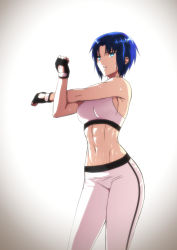 Rule 34 | 1girl, abs, axia-chan, black gloves, blue eyes, blue hair, breasts, ciel (tsukihime), commission, crossed arms, fingerless gloves, gloves, groin, highres, medium breasts, muscular, muscular female, navel, open mouth, pants, short hair, solo, sports bra, stretching, sweat, sweatpants, tsukihime, white background