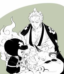 Rule 34 | 3boys, chabo (niwatori bosori), chonmage, commentary request, crossed arms, earrings, greyscale, hat, highres, holding, holding syringe, japanese clothes, jewelry, kimono, looking down, lying on lap, male focus, monochrome, multiple boys, one eye closed, one piece, onimaru (one piece), profile, roronoa zoro, scar, scar across eye, scar on chest, simple background, smile, sword, syringe, tony tony chopper, v-shaped eyebrows, weapon, weapon on back
