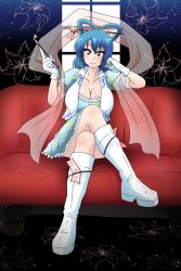 Rule 34 | 1girl, blue dress, blue eyes, blue hair, boots, breasts, cleavage, commentary request, couch, crossed legs, dress, full body, gloves, hagoromo, hair ornament, hair rings, hair stick, kaku seiga, kiseru, knee boots, large breasts, looking at viewer, smoking pipe, shawl, sitting, smile, solo, tasuro kuzuha, touhou, touhou tag dream, white footwear, white gloves, wrestling outfit