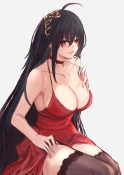 Rule 34 | 1girl, absurdres, ahoge, azur lane, bare shoulders, black hair, black thighhighs, breasts, cero421, choker, cleavage, cocktail dress, crossed bangs, dress, evening gown, grey background, hair between eyes, hair ornament, highres, lace, lace-trimmed legwear, lace trim, large breasts, long dress, long hair, looking at viewer, official alternate costume, open mouth, pulled by self, red choker, red dress, red eyes, simple background, sitting, sleeveless, sleeveless dress, solo, strap pull, taihou (azur lane), taihou (forbidden feast) (azur lane), teeth, thighhighs, upper teeth only, very long hair
