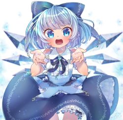 Rule 34 | 1girl, alternate costume, arms up, blue bow, blue dress, blue eyes, blue hair, blue neckwear, blue ribbon, blurry, blurry background, blush, bow, buttons, center frills, cirno, collared dress, commentary request, cowboy shot, dress, floral print, frills, glitter, hair bow, highres, ibaraki natou, ice, ice wings, looking at viewer, lower teeth only, open mouth, outstretched arms, ribbon, short hair, solo, standing, teeth, thigh strap, tongue, touhou, upper body, upper teeth only, white background, wing collar, wings
