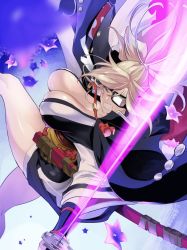 Rule 34 | 1girl, amputee, baiken, big hair, black jacket, black kimono, blurry, blurry foreground, breasts, cleavage, clenched teeth, commentary request, eyepatch, flower, guilty gear, guilty gear xrd, high ponytail, highres, holding, holding sword, holding weapon, jacket, jacket on shoulders, jako (toyprn), japanese clothes, kataginu, katana, kimono, large breasts, lily (flower), multicolored clothes, multicolored kimono, obi, one-eyed, open clothes, open kimono, pink hair, ponytail, samurai, sash, scar, scar across eye, scar on face, sheath, sidelocks, sword, teeth, thighs, water, weapon, white kimono