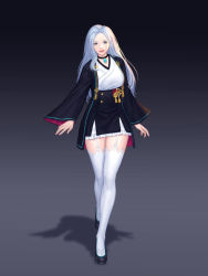Rule 34 | 1girl, black background, black choker, black footwear, black jacket, black skirt, blade &amp; soul, blue eyes, blue hair, brooch, choker, full body, garter straps, gradient background, grey background, high-waist skirt, highres, jacket, jewelry, long hair, long sleeves, looking at viewer, miniskirt, open clothes, open jacket, parted lips, shoes, siun, skirt, smile, solo, standing, thighhighs, white thighhighs