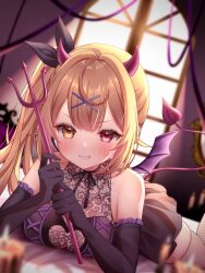 Rule 34 | 1girl, alternate costume, bare shoulders, black ribbon, black shirt, black skirt, blonde hair, blurry, blush, breasts, candle, cleavage, cross-laced clothes, cross-laced top, demon girl, demon horns, demon tail, demon wings, depth of field, elbow gloves, fishnet thighhighs, fishnets, floral print, gloves, grin, hair ornament, hair ribbon, halloween, heterochromia, highres, holding trident, horns, hoshikawa sara, indoors, large breasts, long hair, looking at viewer, lying, meme (mm ta mm), mini wings, miniskirt, nijisanji, on stomach, pleated skirt, polearm, purple horns, purple ribbon, purple tail, purple wings, red eyes, ribbon, see-through, see-through cleavage, shirt, side ponytail, skindentation, skirt, smile, solo, tail, thighhighs, trident, virtual youtuber, weapon, window, wings, x hair ornament, yellow eyes, zettai ryouiki