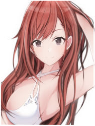 Rule 34 | 1girl, arisugawa natsuha, arm up, armpits, bare arms, bare shoulders, bikini, breasts, brown eyes, cleavage, closed mouth, criss-cross halter, halterneck, hand in own hair, idolmaster, idolmaster shiny colors, large breasts, long hair, looking at viewer, nannacy7, red hair, sidelocks, simple background, smile, solo, swimsuit, upper body, white background, white bikini
