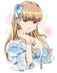 Rule 34 | 1girl, blue eyes, bow, braid, breasts, brown hair, cleavage, closed mouth, dress, earrings, gundam, gundam wing, jewelry, long hair, looking at viewer, necklace, osanpogakari, relena peacecraft, simple background, smile, solo, upper body, white background