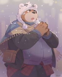 Rule 34 | 1boy, absurdres, animal nose, bag, bandaid, bandaid on cheek, bandaid on face, bara, beanie, bear boy, belly, black coat, black pants, blue sweater, breath, breathing on hands, coat, cold, earflap beanie, facial hair, fat, fat man, furry, furry male, goatee, hat, highres, layered clothes, looking ahead, male focus, obese, open mouth, original, own hands clasped, own hands together, pants, pawpads, plaid, plaid shirt, poncho, scarf, seamonsterping, shirt, shoulder bag, snow, snowing, solo, sweater, thick arms, thick eyebrows, winter, winter clothes