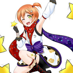 Rule 34 | 10s, 1girl, ;d, arm up, armpits, bike shorts, black gloves, black shorts, bow, detached sleeves, fingerless gloves, gloves, hair ornament, hoshizora rin, love live!, love live! school idol festival, love live! school idol project, ninja, one eye closed, one side up, open mouth, orange hair, purple bow, red scarf, roaru (gyuren), scarf, short hair, shorts, simple background, smile, solo, star (symbol), striped, striped bow, thigh strap, white background, yellow eyes