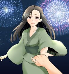 Rule 34 | 10s, 1girl, asymmetrical bangs, blush, brown eyes, brown hair, commentary request, fireworks, girls und panzer, green kimono, highres, holding hands, hoshikawa (hoshikawa gusuku), japanese clothes, kimono, light blush, long hair, long sleeves, looking at viewer, night, night sky, nishi kinuyo, obi, open mouth, out of frame, outdoors, pov, sash, sky, smile, standing, wide sleeves