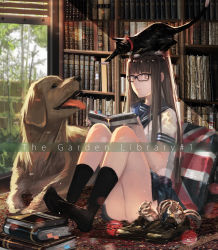 Rule 34 | 1girl, animal, animal on head, bad id, bad pixiv id, black-framed eyewear, black footwear, black socks, window blinds, blunt bangs, book, bookmark, bookshelf, brown hair, cat, cat on head, closed mouth, collar, cushion, dog, english text, food, glasses, highres, holding, holding book, holding food, indoors, jellycarrot, kneehighs, lens flare, loafers, long hair, lying, nut (food), on head, on stomach, open book, original, plant, reaching, reaching towards viewer, rug, school uniform, serafuku, shirt, shoes, unworn shoes, short sleeves, sitting, socks, squirrel, tongue, tongue out, union jack, white shirt