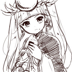 Rule 34 | 1girl, androgynous, coat, eating, food, food on face, haori, headpiece, highres, holding, holding food, japanese clothes, jewelry, kimono, long hair, long sleeves, looking at viewer, lots of jewelry, onigiri, pikomarie, puzzle &amp; dragons, ribbon, simple background, sketch, solo, twintails, upper body, white background, yomi (p&amp;d)