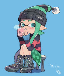 Rule 34 | 1girl, ankle boots, aqua hair, blue background, blue eyes, blush, bobblehat, boots, cross-laced footwear, cup, full body, hands up, hat, highres, holding, holding cup, inkling, inkling girl, inkling player character, kirikuchi riku, knees together feet apart, lace-up boots, long hair, long sleeves, nintendo, pointy ears, pom pom (clothes), shirt, sitting, sleeves past wrists, solo, splatoon (series), splatoon 2, stool, striped clothes, striped headwear, striped shirt, tentacle hair