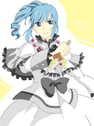 Rule 34 | 1girl, ange serena, blue eyes, blue hair, capelet, dress, jewelry, necklace, ponytail, ribbon, short hair, smile, tales of (series), tales of innocence, weapon