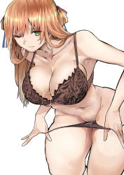 Rule 34 | 1girl, absurdres, bow, bra, breasts, brown bra, brown hair, brown panties, cleavage, closed mouth, collarbone, cum, cum on body, cum on upper body, female pubic hair, girls&#039; frontline, green eyes, hair bow, highres, kyoyakyo, large breasts, leaning forward, long hair, looking at viewer, springfield (girls&#039; frontline), navel, one eye closed, panties, panty pull, pubic hair, pussy juice, simple background, solo, underwear, white background