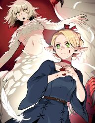 Rule 34 | 2girls, blonde hair, blue capelet, blue robe, blush, body fur, braid, capelet, centauroid, chimera, choker, dragon girl, dungeon meshi, elf, falin touden, falin touden (chimera), feathered wings, feathers, green eyes, hair around ear, highres, hood, hooded capelet, long hair, long sleeves, marcille donato, monster girl, multiple braids, multiple girls, open mouth, pointy ears, robe, short hair, simple background, taur, white feathers, wings, wooni