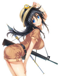 Rule 34 | 10s, 1girl, adjusting clothes, adjusting headwear, arched back, arm up, ass, assault rifle, belt, bent over, black hair, blue eyes, blush, breasts, bucket hat, closed mouth, commentary request, cowboy shot, from side, glint, gun, hair between eyes, hand on headwear, hand on own thigh, hat, highres, hisasi, looking at viewer, looking to the side, m16, m16a2, medium breasts, netoge no yome wa onna no ko janai to omotta?, over shoulder, polearm, rifle, shirt, short sleeves, shorts, simple background, solo, spear, standing, striped clothes, striped shirt, striped shorts, tamaki ako, tareme, thighs, uniform, vertical-striped clothes, vertical-striped shirt, vertical-striped shorts, weapon, white background