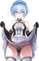 Rule 34 | ..., 1girl, apron, bare shoulders, black dress, black gloves, black panties, blue eyes, blue hair, blush, bow, bowtie, breasts, buttons, cleavage, closed mouth, clothes lift, collarbone, cowboy shot, dress, dress lift, elbow gloves, eyelashes, female pubic hair, flashing, frilled apron, frilled dress, frilled gloves, frills, gear, glasses, gloves, gluteal fold, groin, hair between eyes, hands up, highres, legs apart, lifted by self, looking at viewer, maid, maid apron, maid headdress, medium breasts, nina kalinina, original, panties, pantyshot, pubic hair, pubic hair peek, ribbon-trimmed legwear, ribbon trim, rimless eyewear, shimo (depthbomb), short dress, short hair, simple background, skirt, skirt hold, skirt lift, sleeveless, sleeveless dress, solo, spoken ellipsis, standing, striped bow, striped bowtie, striped clothes, striped neckwear, thighhighs, underwear, upskirt, waist apron, white apron, white background, white thighhighs