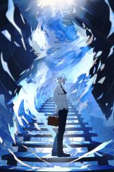 Rule 34 | 1boy, bag, blue hair, blunt bangs, highres, holding, holding bag, khun aguero agnis, kunyetog, looking at viewer, necktie, pants, shirt, shoes, short hair, solo, stairs, tower of god, white shirt