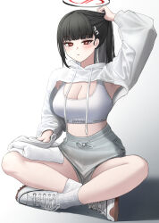 Rule 34 | 1girl, absurdres, alternate costume, arm up, black hair, black halo, blue archive, blunt bangs, blush, breasts, bright pupils, butterfly sitting, calvin klein, cleavage, closed mouth, crossed legs, grey shorts, gym shorts, hair ornament, hairpin, halo, highres, holding, holding own hair, holding towel, hooded shrug, large breasts, long hair, long sleeves, looking at viewer, mechanical halo, pla0658, puffy long sleeves, puffy sleeves, red eyes, rio (blue archive), shoes, shorts, shrug (clothing), simple background, sitting, socks, solo, sports bra, towel, white background, white footwear, white pupils, white shrug, white socks, white sports bra