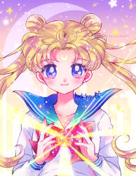 Rule 34 | 1girl, bishoujo senshi sailor moon, blonde hair, blue eyes, blue sailor collar, bow, brooch, closed mouth, collarbone, crescent, crescent facial mark, double bun, facial mark, forehead mark, hair bun, heart, heart in eye, hoshikuzu (milkyway792), jewelry, juuban middle school uniform, long hair, looking at viewer, multicolored background, red bow, sailor collar, school uniform, shirt, signature, smile, solo, star (symbol), symbol in eye, tsukino usagi, twintails, upper body, white shirt