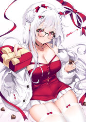 Rule 34 | 1girl, absurdres, ahoge, albino, alternate costume, azur lane, bad id, bad pixiv id, bare shoulders, black-framed eyewear, box, braid, braided bun, breasts, button gap, buttons, candy, chocolate, chocolate heart, cleavage, coat, cygnet (azur lane), food, fur trim, garter straps, giving, glasses, hair bun, hat, heart, heart-shaped box, hecha (01964237), highres, holding, large breasts, long hair, long sleeves, looking at viewer, miniskirt, off shoulder, open clothes, open coat, parted lips, pink eyes, pleated skirt, plump, red shirt, shirt, sitting, skindentation, skirt, sleeveless, sleeveless shirt, solo, spaghetti strap, thighhighs, thighs, valentine, very long hair, white coat, white hair, white hat, white skirt, white thighhighs, zettai ryouiki