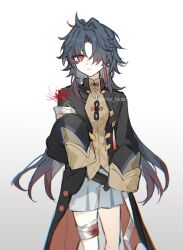 Rule 34 | 1boy, absurdres, aged down, bandaged leg, bandages, black hair, black jacket, blade (honkai: star rail), blood, child, chinese clothes, closed mouth, earrings, flower, grey background, grey shorts, hair over one eye, highres, honkai: star rail, honkai (series), jacket, jewelry, long hair, male focus, multicolored hair, one eye covered, red eyes, red flower, red hair, shiki fanart, shirt, shorts, solo, spider lily, tassel, tassel earrings, twitter username, yellow shirt