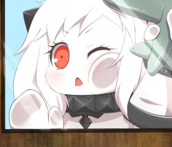 Rule 34 | 10s, 1girl, abyssal ship, against glass, aircraft, airplane, cheek squash, colored skin, evandragon, holding, horns, kantai collection, long hair, looking at viewer, mittens, northern ocean princess, one eye closed, open mouth, red eyes, solo, white hair, white skin