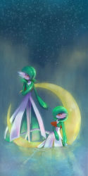 Rule 34 | blush, closed mouth, commentary request, creatures (company), crescent moon, eye contact, game freak, gardevoir, gen 3 pokemon, green hair, half-closed eye, hand up, highres, kikuyoshi (tracco), looking at another, moon, nintendo, orange eyes, outstretched hand, pokemon, pokemon (creature), ripples, short hair, smile, standing, star (sky)