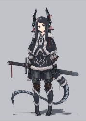Rule 34 | 1girl, animal ears, black gloves, blue coat, blue eyes, blue footwear, blue hair, boots, capelet, coat, deel (rkeg), dragon ears, dragon girl, dragon horns, dragon tail, gloves, grey background, highres, horn ornament, horns, knee boots, long hair, matching hair/eyes, original, prototype design, shadow, shorts, simple background, solo, sword, tail, weapon, winter clothes