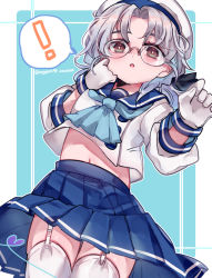 Rule 34 | !, 1girl, blue background, blue neckerchief, blue ribbon, blue sailor collar, blue skirt, brown eyes, commentary request, cowboy shot, depth charge, from below, garter straps, glasses, gloves, grey hair, hat, hirato (kancolle), kantai collection, long sleeves, looking at viewer, megane poni, navel, neckerchief, one-hour drawing challenge, pleated skirt, ribbon, sailor collar, sailor hat, school uniform, serafuku, short hair, skirt, solo, spoken exclamation mark, thighhighs, two-tone background, wavy hair, white gloves, white thighhighs