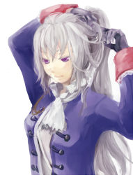 Rule 34 | 1girl, ascot, axis powers hetalia, black gloves, colored eyelashes, gender request, genderswap, gloves, hands in hair, kuro (keywords), long hair, long sleeves, military, military uniform, prussia (hetalia), purple eyes, scar, silver hair, simple background, solo, stitches, uniform, white background