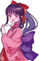 1girl artist_name blush bow breasts brown_eyes clenched_hand from_side hair_ribbon highres japanese_clothes legs long_hair long_skirt looking_at_viewer medium_breasts open_mouth ponytail purple_hair red_bow ribbon sakura_taisen sega shinguuji_sakura sideboob skirt smile solo teeth thighs tongue