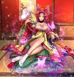 Rule 34 | 1girl, anklet, blush, breasts, bug, butterfly, cleavage, company name, hand fan, flower, full body, fur trim, gyakushuu no fantasica, hair flower, hair ornament, hair stick, bug, japanese clothes, jewelry, kimono, large breasts, official art, open mouth, pink hair, ryuki@maguro-ex, sitting, socks, solo, tabi, tattoo, veins, veiny breasts, yellow eyes