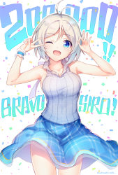 Rule 34 | .live, 1girl, ;d, absurdres, antenna hair, armpits, arms up, artist name, bare shoulders, blue eyes, blue skirt, blush, breasts, character name, collarbone, confetti, cowboy shot, grey shirt, highres, looking at viewer, medium breasts, one eye closed, open mouth, parted bangs, plaid, plaid shirt, plaid skirt, shirt, shoes, short hair, silver hair, dennou shoujo siro, skirt, sleeveless, sleeveless shirt, smile, solo, sora from france, standing, tareme, v, virtual youtuber, wrist cuffs
