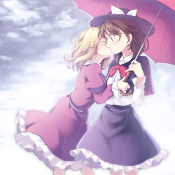 Rule 34 | 2girls, blush, bow, brown hair, capelet, closed eyes, cloud, dress, frills, from side, hat, hat bow, highres, holding, holding umbrella, kiss, long sleeves, looking at another, maribel hearn, midorino eni, multiple girls, no headwear, outdoors, profile, purple dress, purple skirt, rain, red bow, ribbon, sash, shared umbrella, shirt, skirt, sky, touhou, umbrella, usami renko, white bow, white shirt, yuri