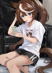 Rule 34 | 1girl, absurdres, alternate costume, animal ears, barefoot, black shorts, blush, brown hair, cellphone, commentary request, couch, food, food in mouth, highres, holding, holding phone, horei tsuna, horse ears, horse girl, horse tail, indoors, long hair, multicolored hair, on ground, phone, pocky, pocky in mouth, ponytail, shirt, shorts, sitting, smartphone, solo, streaked hair, symboli rudolf (umamusume), tail, tokai teio (umamusume), umamusume, w, white hair, white shirt, yokozuwari