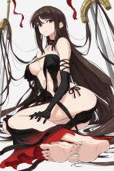 Rule 34 | 1girl, arm strap, ass, bare shoulders, barefoot, black dress, black gloves, blush, breasts, brown hair, center opening, choker, cleavage, collarbone, dress, earrings, elbow gloves, fate/grand order, fate (series), feet, gloves, highres, jewelry, kamo ashi, legs, long hair, medium breasts, multiple earrings, navel, red eyes, ribbon-trimmed dress, sitting, soles, solo, sword, toes, very long hair, weapon, yu mei-ren (fate)