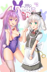 Rule 34 | 2girls, absurdres, animal ears, apron, blush, bow, breasts, cleavage, clock, commentary, commission, detached collar, dress, english commentary, erina (rabi-ribi), fake animal ears, green eyes, highres, holding hands, irisu (rabi ribi), kaptivate, leotard, long hair, looking at viewer, maid, maid apron, multiple girls, open mouth, playboy bunny, purple eyes, purple hair, rabbit, rabbit ears, rabbit girl, rabbit tail, rabi-ribi, red bow, single thighhigh, smile, tail, thighhighs, very long hair, white hair, white legwear, wrist cuffs
