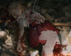 Rule 34 | 1girl, absurdres, amputee, bandaid, bandaid on arm, bandaid on knee, bandaid on leg, blonde hair, blood, blood from mouth, blood on clothes, blood on face, chinese commentary, commentary request, crying, crying with eyes open, dismemberment, expressionless, flower, guro, highres, impaled, injury, li xueyao, long hair, lying, on back, one eye closed, original, pleated skirt, red eyes, red skirt, shirt, skirt, solo, tears, trash, white flower, white shirt