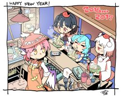 Rule 34 | 2016, 2017, 4girls, = =, animal ears, apron, bad id, bad twitter id, black hair, blowing, blue bow, blue hair, blush, bow, bowl, brown hat, chopsticks, cirno, eating, faucet, food, grill, hair bow, happy new year, hat, ice, ice wings, inubashiri momiji, lamp, long sleeves, looking at another, market stall, md5 mismatch, moyazou (kitaguni moyashi seizoujo), multiple girls, mystia lorelei, new year, no animal ears, noodles, noren, nose blush, orange apron, pink hair, pointy ears, pom pom (clothes), red eyes, red hat, resized, shameimaru aya, short hair, short sleeves, signature, sitting, sleeves rolled up, smile, stand, steam, tokin hat, touhou, white hair, wide sleeves, winged hat, wings, yellow eyes